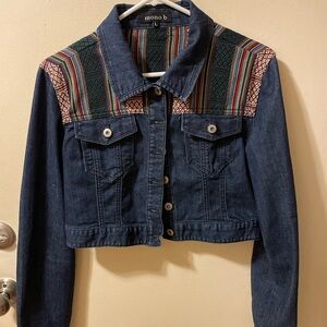 Mono B Women's Blue Denim Jacket with Colorful Pattern